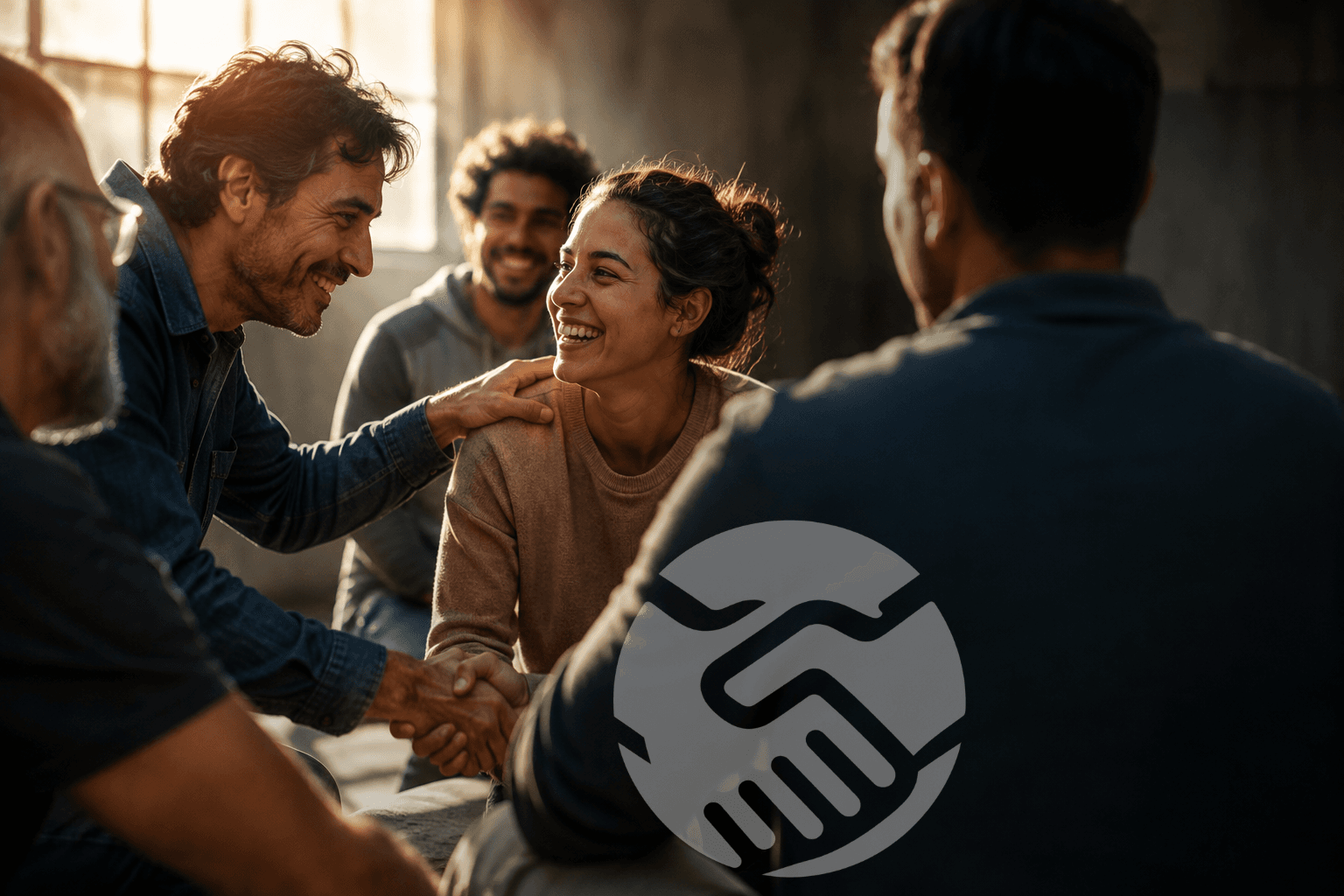 Grupo de pessoas em um momento de apoio, com sorrisos e um aperto de mãos
