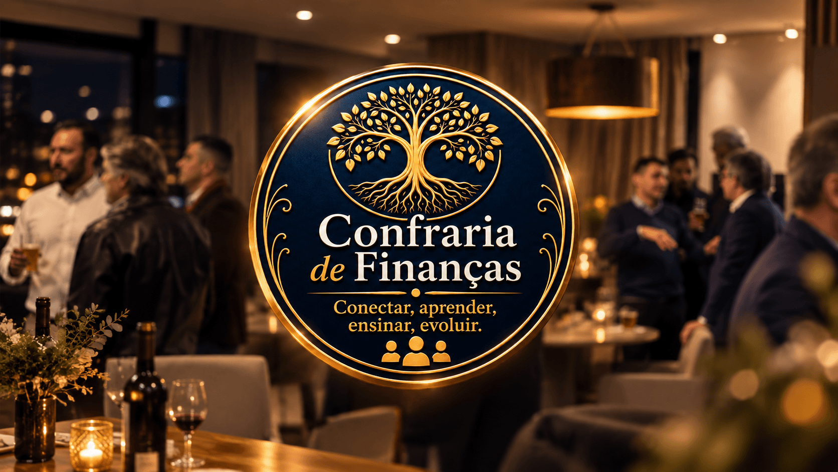 Encontro da Confraria de Finanças, com o selo dourado da confraria sobre um ambiente de conversas e networking
